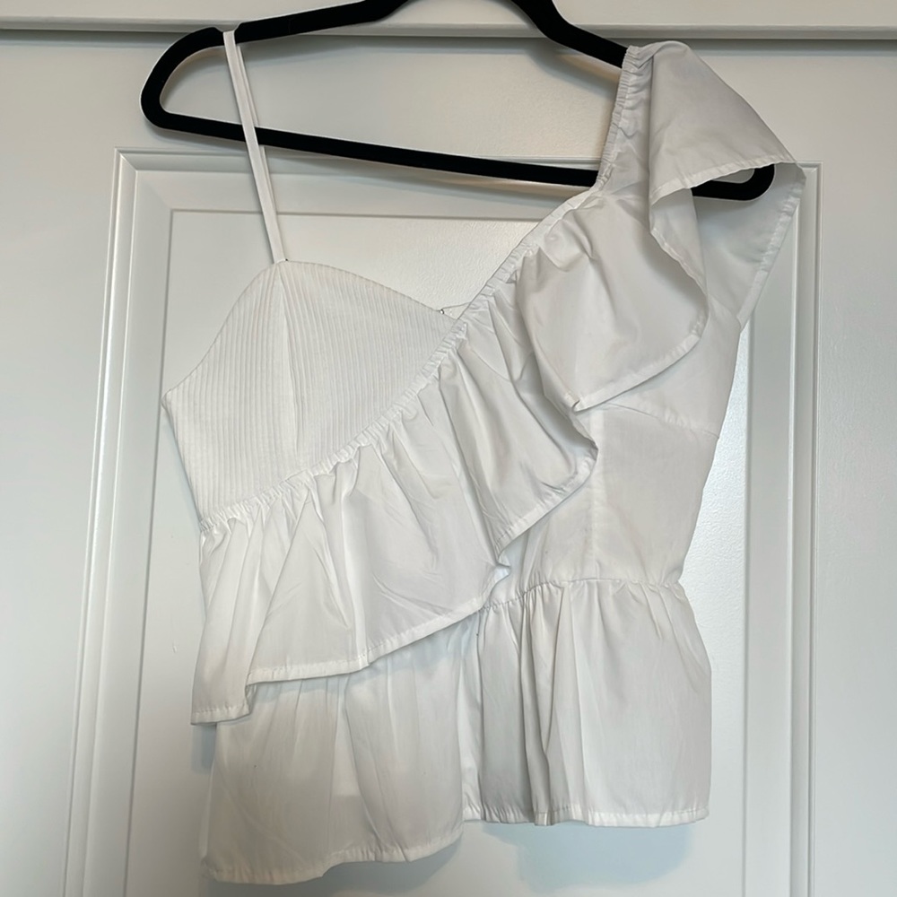 Romwe One sleeve adjustable strap white ruffled top